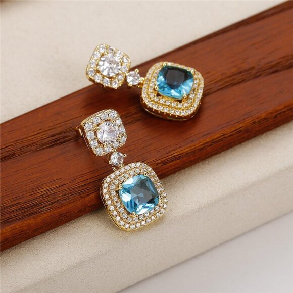 💥 Blue Rhinestone Crystal Drop Earring for women Bridal CZ Gold Plated, HA4515 - Picture 3 of 4